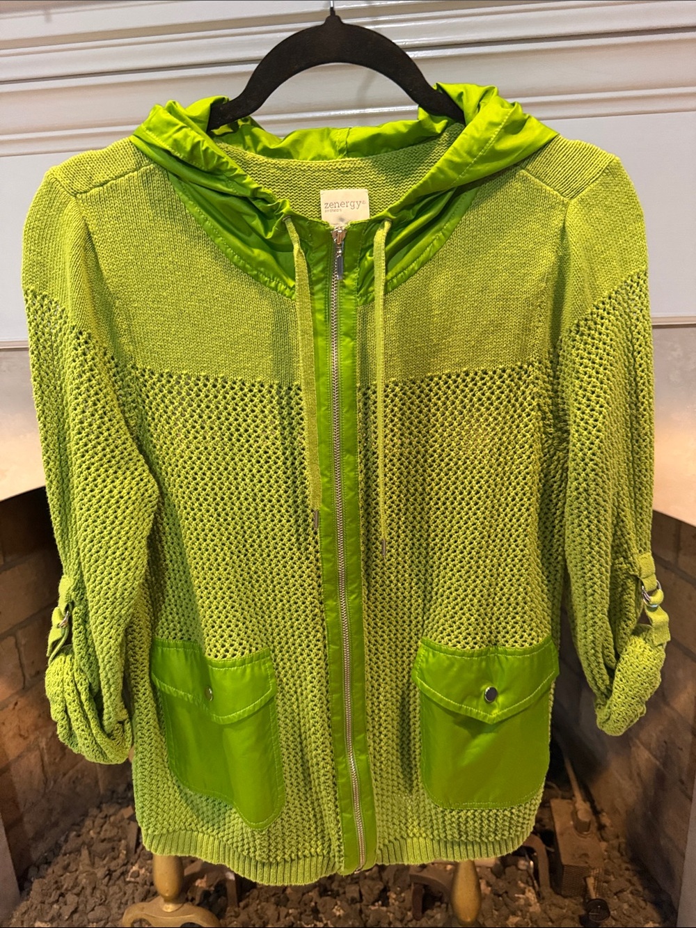 Zenergy by Chico’s Lime Linen and Cotton Knit Zip-Front Utility Hoodie size L